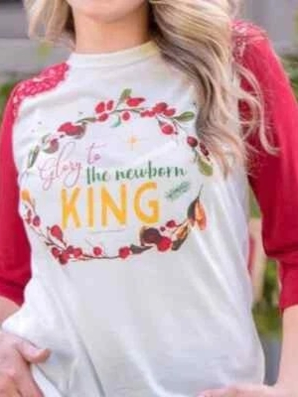 Southern Grace Cream Raglan Tee with Red Sleeves and Yellow 'KING' Graphic